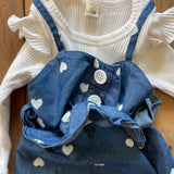 White Ruffle & Blue Hearts Romper Set | 6-9 mo